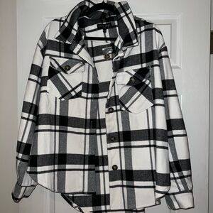 Cozy Plaid Button-Up Shacket - Black and White